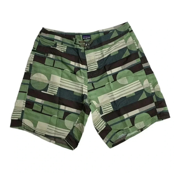 Patagonia Board Shorts Swim Trunks Size 36 Green Brown Pattern 10" Inseam - Picture 1 of 7